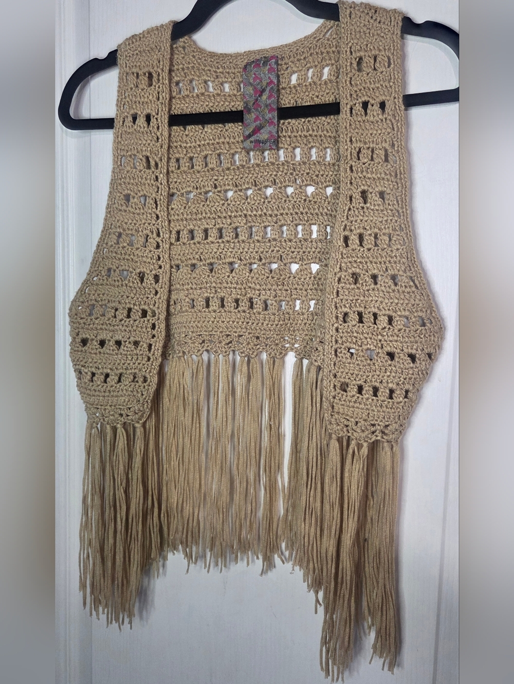 Boho Fringe Crochet Vest Tan Size Small - Picture 3 of 5
